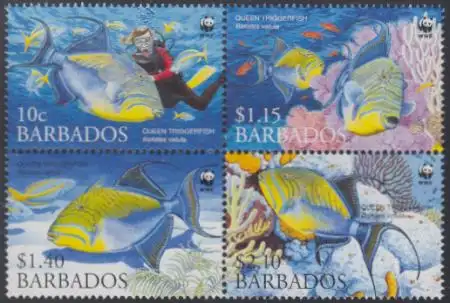 Barbados Mi.Nr. Zdr.1119-22 Weltweiter Naturschutz, Königsdrückerfisch