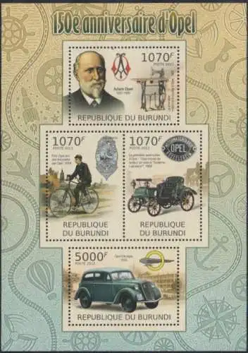 Burundi Mi.Nr. Klbg.2411-14 150Jahre Opel-Werke, A.Opel, Radfahrer, Opel-PKW