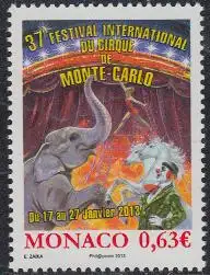 Monaco Mi.Nr. 3116 Zirkusfestival, Elefant, Seiltänzerin, Pferde, Clown (0,63)