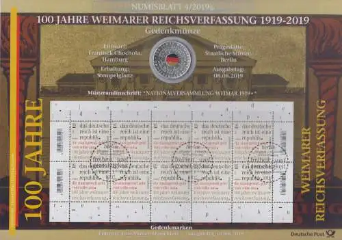 D,Bund, 100 Jahre Weimarer Reichsverfassung (Numisblatt 4/2019)