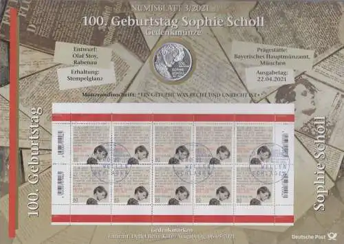 D,Bund, 100. Geburtstag Sophie Scholl (Numisblatt 3/2021)