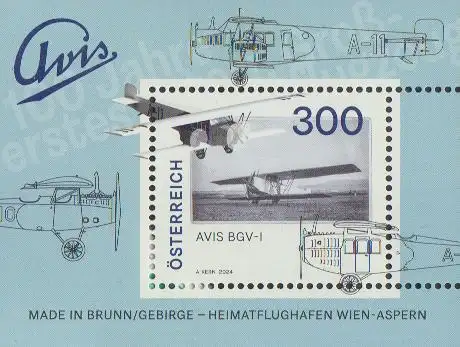 Österreich MiNr. Block 149 100. Jahr Gründung Avis Flugzeug- u. Autowerke, Brunn