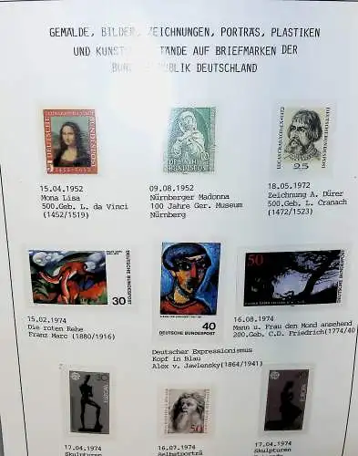 BRD, Kunst auf Briefmarken aus 1952 bis 2015, alles unten abgebildet