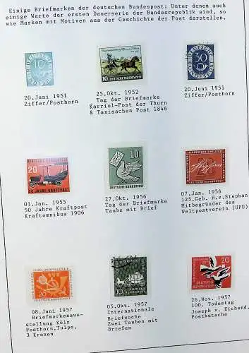 Motive auf Briefmarken zum Thema "Post in Deutschland", alles unten abgebildet
