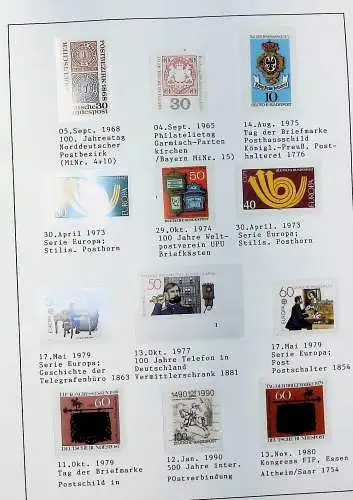 Motive auf Briefmarken zum Thema "Post in Deutschland", alles unten abgebildet