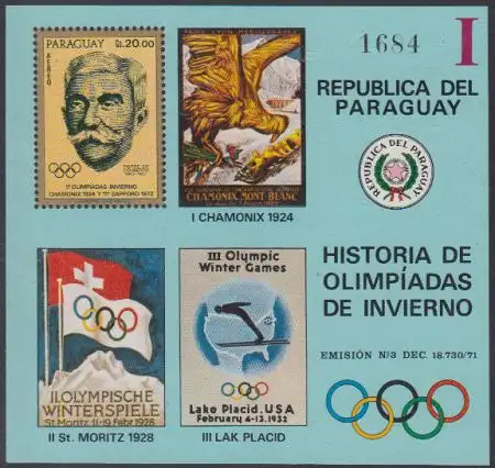 Paraguay Mi.Nr. Block 182 Geschichte der Olympischen Spiele, Baron de Coubertin 