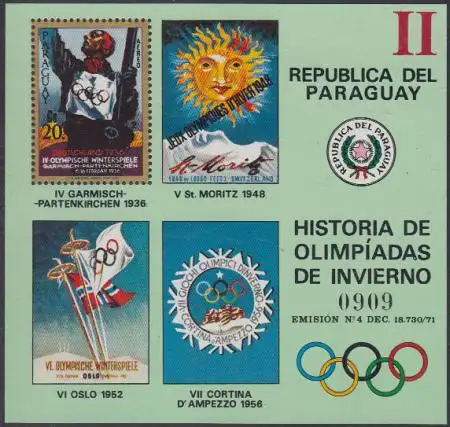 Paraguay Mi.Nr. Block 184 Geschichte der Olympischen Spiele, Garmisch-Partenk.