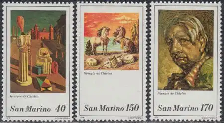 San Marino Mi.Nr. 1198-1200 1.Todestag Giorgio de Chirico, Gemälde (4 Werte)