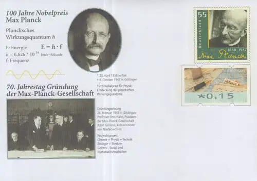 D,Bund MiNr.USo 464 Gedenkumschlag Nobelpreis f. Max Planck (WSt.MiNr.2658+ATM8)