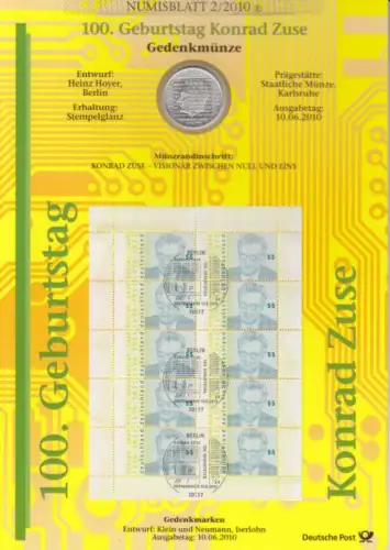 D,Bund, 100. Geb. Konrad Zuse  (Numisblatt 2/2010)