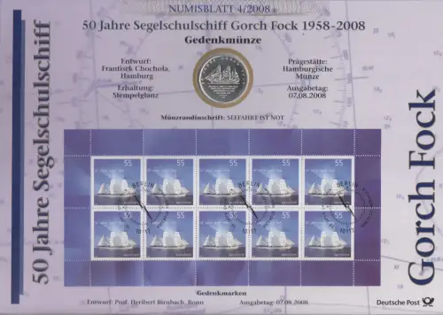 D,Bund,  50 Jahre Segelschulschiff Gorch Fock (Numisblatt 4/2008)