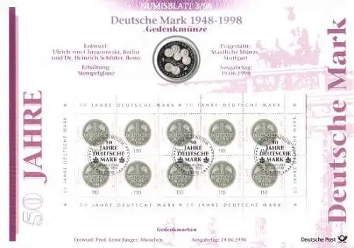 D,Bund, 50 Jahre Deutsche Mark (Numisblatt 3/1998)