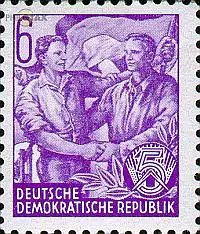 D,DDR Mi.Nr. 364 Freim. Ausg. Fünfjahresplan, Odr., Arbeiter aus Ost + West (6)
