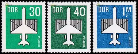 D,DDR Mi.Nr. 2751-53 Flugpostmarken, stilis. Flugzeug mit Brief (3 Werte)