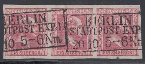 Preußen, Mi.Nr. 10b (3er-Streifen), König Friedr.-Wilhelm IV., gest., geprüft