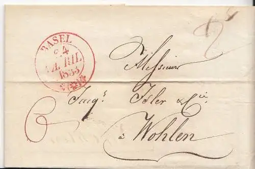 1833, Vorphilabrief Schweiz "Basel" nach Wohlen