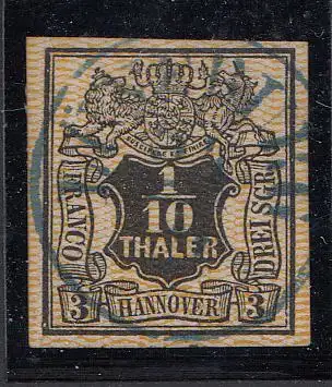 Hannover, Mi.Nr. 7 Glatter Wertschild unter Wappen (1/10 Tha. / 3 Sgr.), gest.