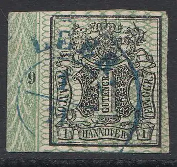 Hannover, Mi.Nr. 9 Wappen mit Bordüre und Randnummer "9", gest. "LEER"