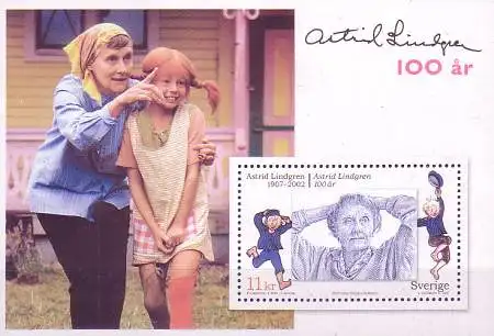 Schweden Mi.Nr. Block 26, 100. Geb. Astrid Lindgren, Pipi Langstrumpf / Michel