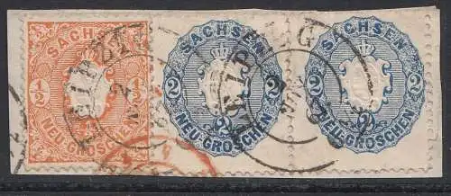 Sachsen, Paar Mi.Nr. 17, Freim. Wappen gestempelt mit MiNr. 15 auf Briefstück