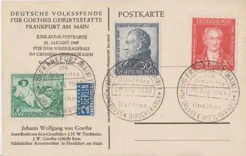 D, Bizone, Mi.Nr. 108-10 Satz Goethe (3 Werte) auf Postkarte