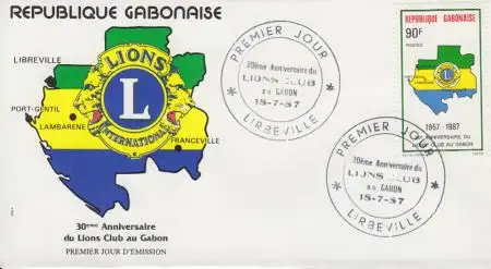 Gabun Mi.Nr. 990 30J. Lions-Club Gabun, Karte Gabuns, Emblem (90)