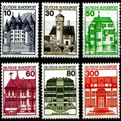 D,Bund Mi.Nr. 913,14,1028,38,1140,43AII Burgen u.Schl.gez.Letterset 6 W. mit Nr.
