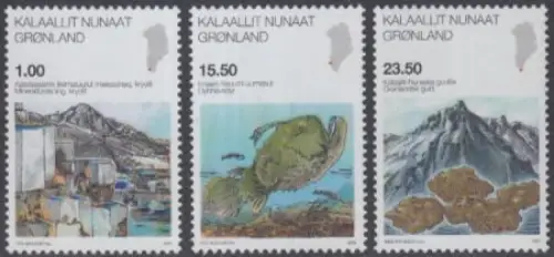 Grönland Mi.Nr. 542-44 Wissenschaft Kryolithabbau Tiefseeforschung Goldmine (3W)