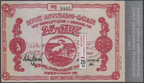 Grönland MiNr. Block 80 Alte Geldscheine, Eiderente, Zeichg. d.25-Öre Note