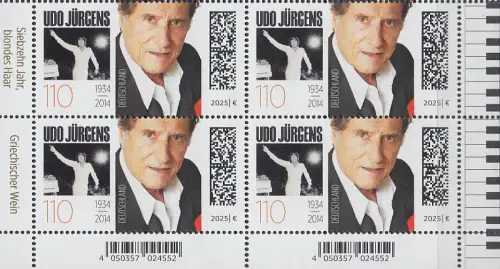 D,Bund Mi.Nr. 3927, Udo Jürgens (110) Viererblock mit Unterrand