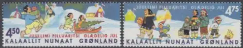Grönland Mi.Nr. 389-90 Weihnachten, Familie mit Geschenken im Schnee (2 Werte)