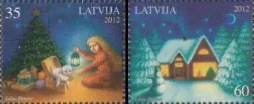 Lettland Mi.Nr. 853-54 Weihnachten, Kind mit Geschenken, Haus i.Schnee (2 Werte)
