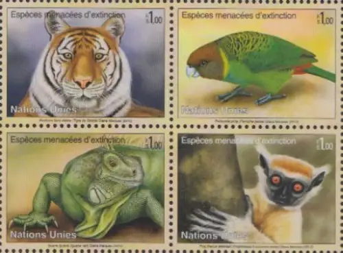 UNO Genf Mi.Nr. Zdr.790-93 Gefährdete Arten, Tiger, Papagei, Leguan, Sifaka 