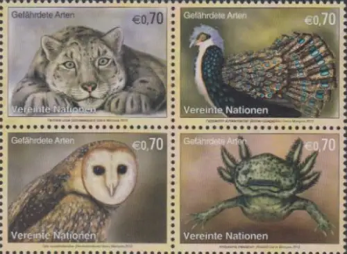 UNO Wien Mi.Nr. Zdr.749-52 Gefährdete Arten, Leopard, Pfau, Eule, Axoloti 