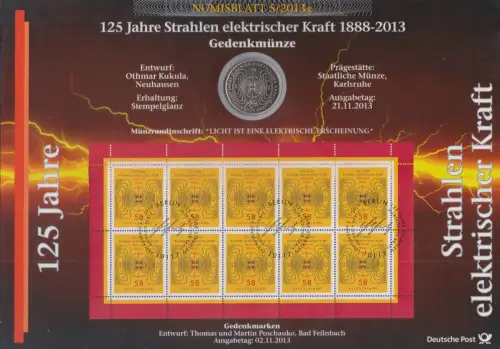 D,Bund, 125 Jahre Strahlen elektrische Kraft (Numisblatt 5/2013)