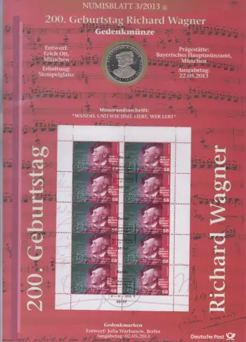 D,Bund, 200. Geburtstag Richard Wagner (Numisblatt 3/2013)
