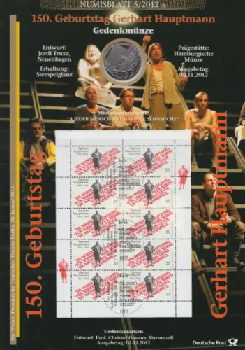 D,Bund, 150. Geb. Gerhart Hauptmann  (Numisblatt 5/2012)