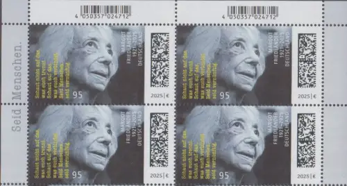 D,Bund Mi.Nr. 3939 Todestag von Margot Friedländer 9. Mai 2025 (95) Viererblock