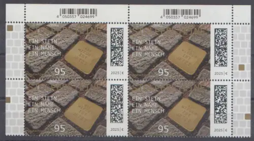 D,Bund Mi.Nr. 3941 Stolpersteine (95) Viererblock (oben)