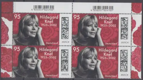 D,Bund Mi.Nr. 3940 Hildegard Knef (95) Viererblock