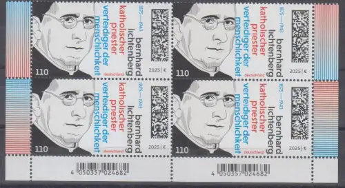 D,Bund Mi.Nr. 3938, 150. Geburtstag von Bernhard Lichtenberg (95) Viererblock