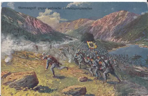 Ansichtskarte 1. Weltkrieg  "Sturmangriiff gegen serbische Verteidigungsstellen"
