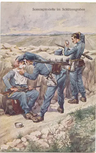 AK 1. Weltkrieg, Sonntagstoilette im Schützengraben
