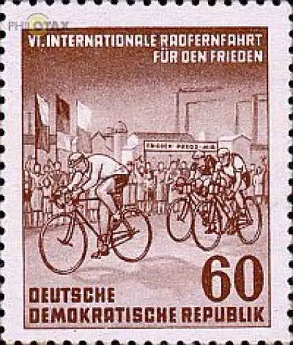 D,DDR Mi.Nr. 357 6. Int. Friedensfahrt, Radrennfahrer auf der Strecke (60)