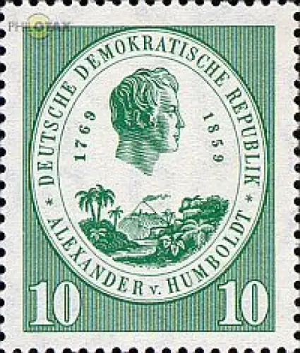 D,DDR Mi.Nr. 684 100. Todestag A. v. Humboldt, Kopfbild über am. Landschaft (10)