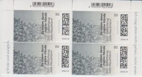 D,Bund Mi.Nr. 3956, 200 Geburtstag von Julie Hausmann (Viererblock)