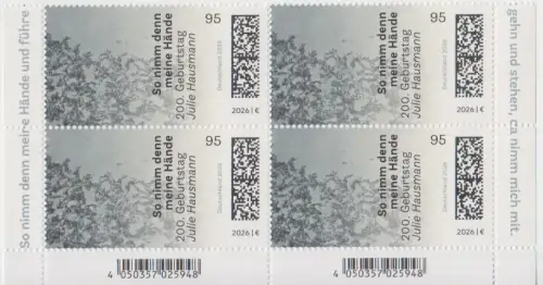 D,Bund Mi.Nr. 3956, 200 Geburtstag von Julie Hausmann (Viererblock)
