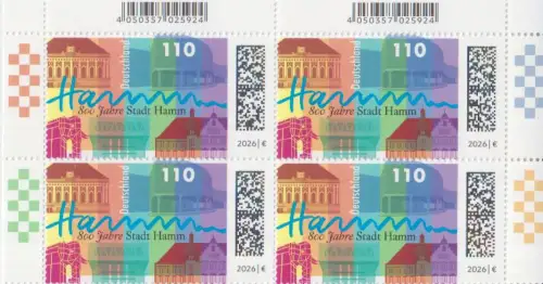 D,Bund Mi.Nr. 3954, 800 Jahre Stadt Hamm (Viererblock)