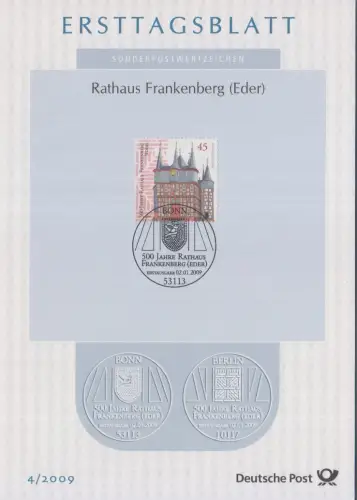 D,Bund Mi.Nr. 4/2009, 500 Jahre Rathaus Frankenberg, Eder