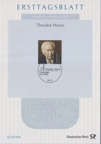 D,Bund Mi.Nr. 5/2009, 125. Geburtstag Theodor Heuss